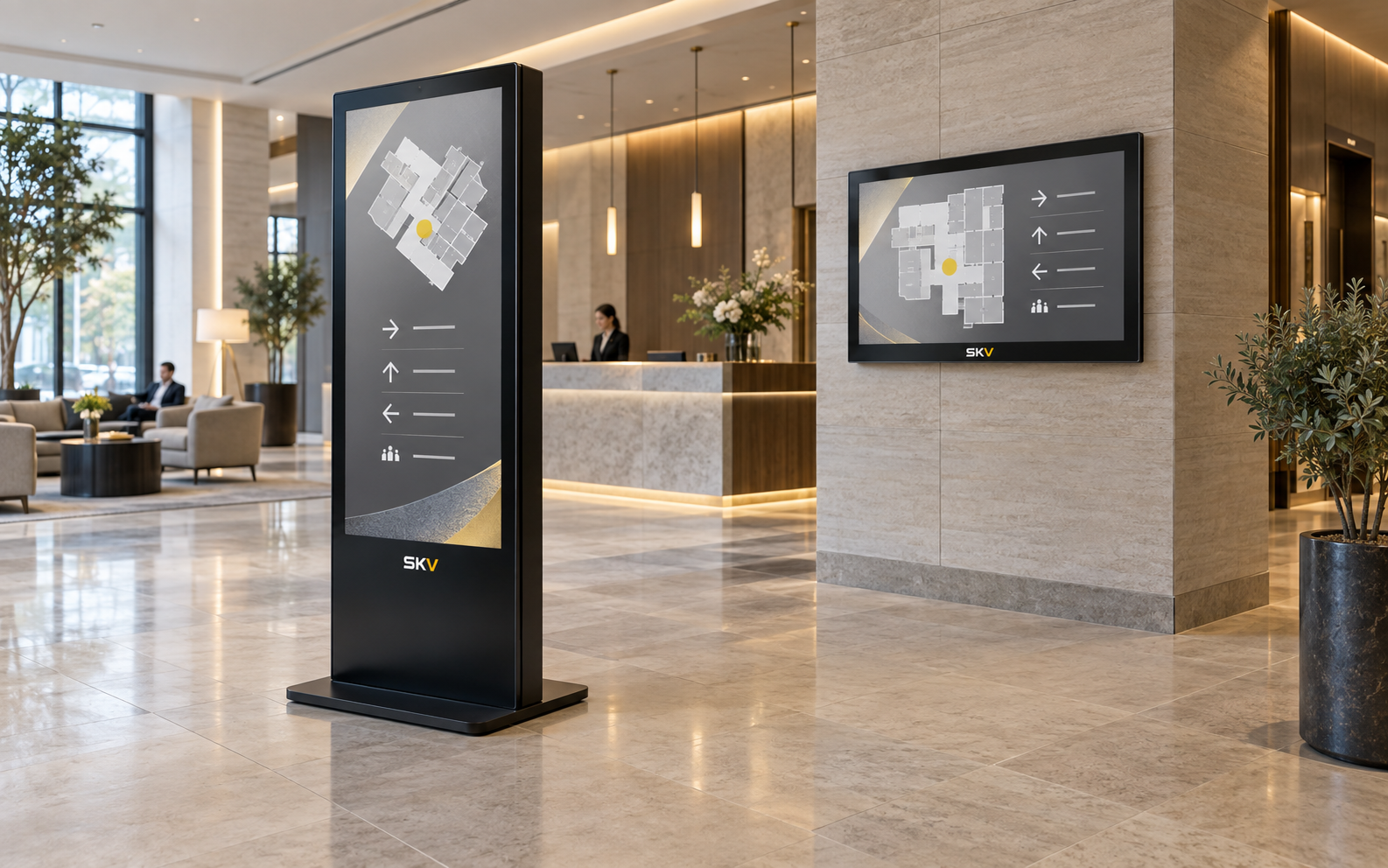 Floor-standing digital signage in a public commercial space