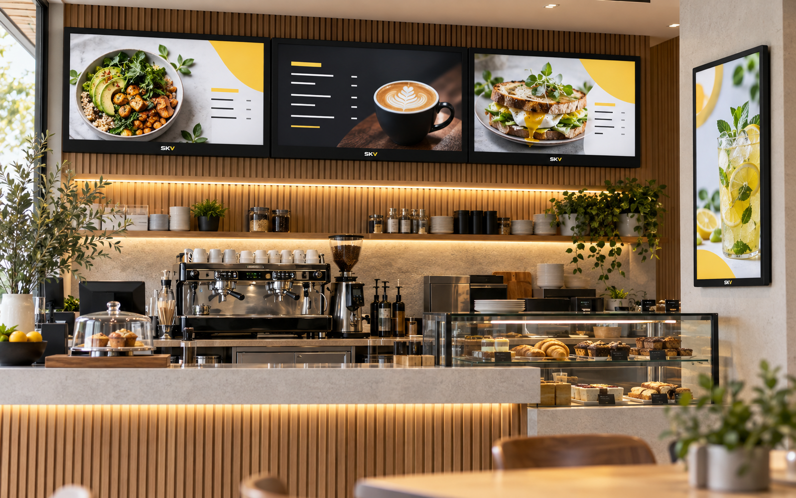 Digital menu board displays in a restaurant