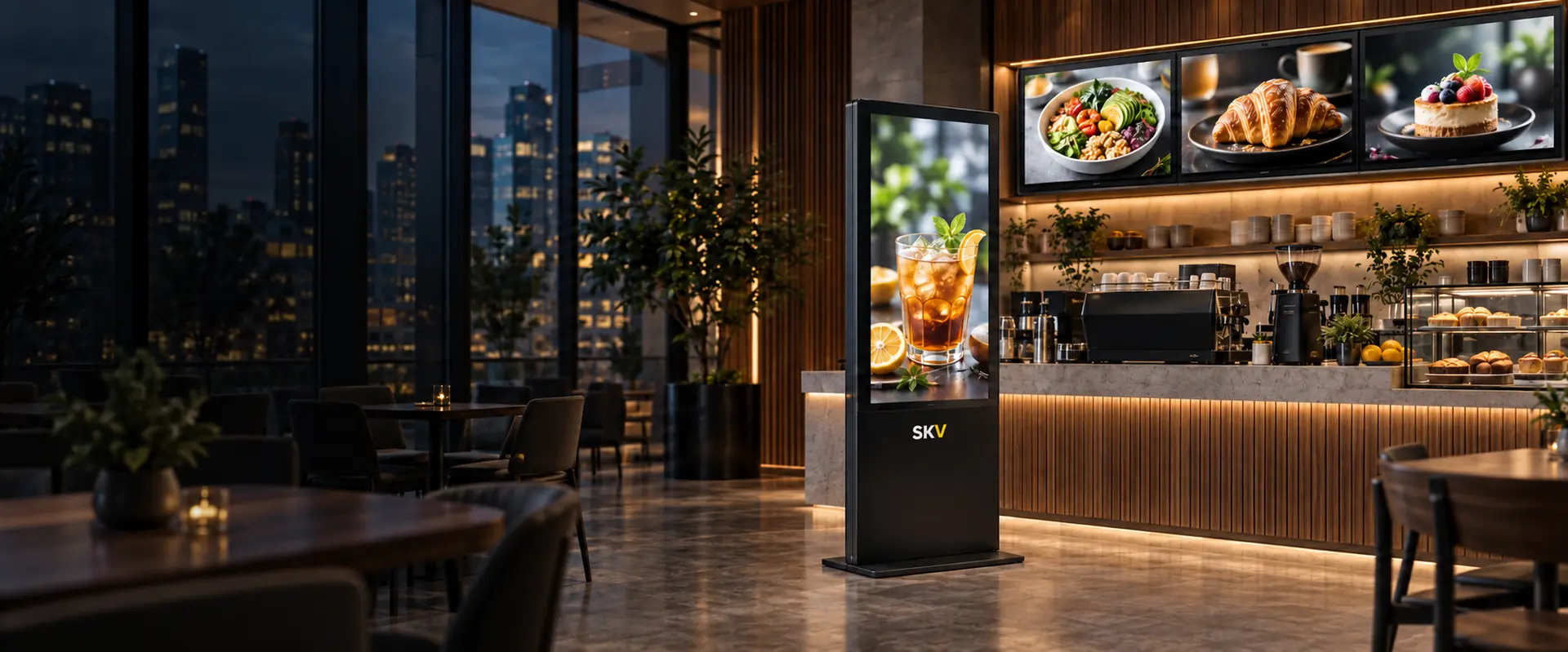Floor-standing digital signage kiosk installed in a commercial space