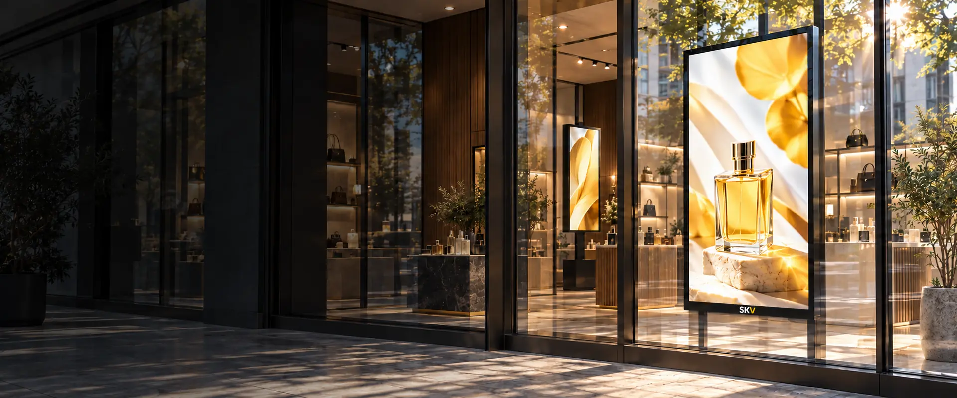 High-brightness digital signage installed inside a retail storefront window