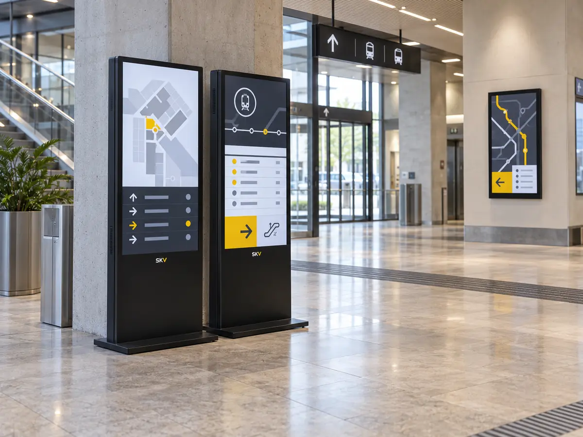 Floor-standing digital signage displays in a public information area